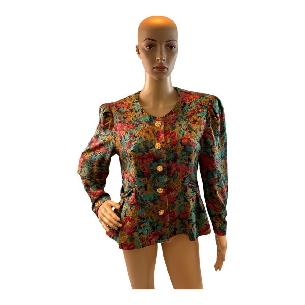 Regency Women Vintage Floral Button Up Short Jacket/top Long Sleeve SZ 40.